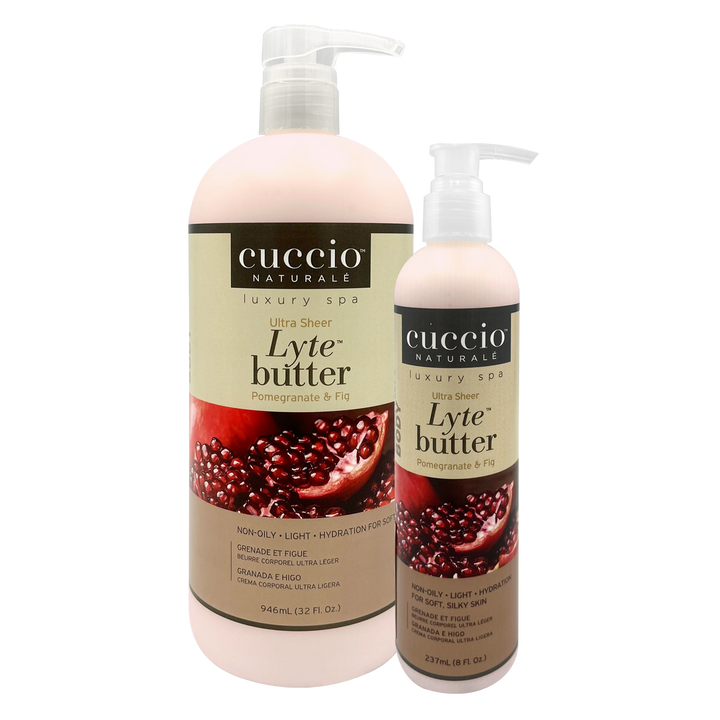 Cuccio Lyte Butter Grenade &amp; Fig

Les Cuccio Lyte offrent un traitement hydratant avec une texture légère pour une peau douce et soyeuse, sans effet huileux.
Bouteille de 8oz ou de 32oz avec pompe facilitant l&