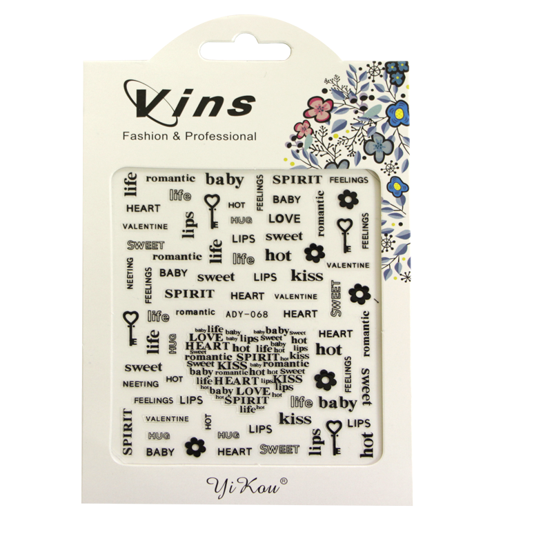 3D Nail Sticker Heart & Writing ADY-068 Black (Super-thin)