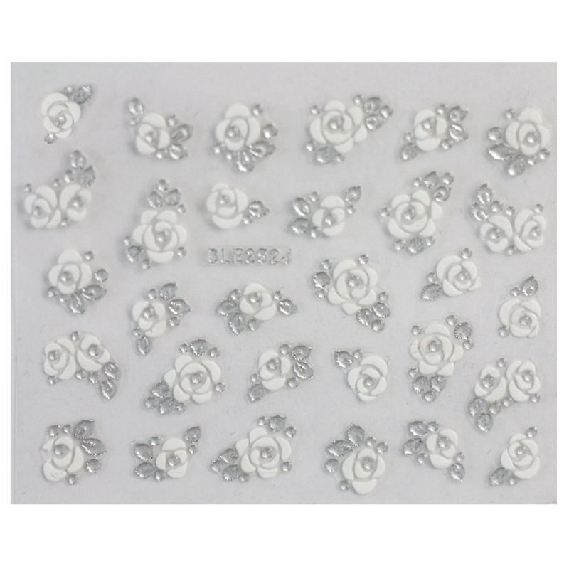 Décalques 3-D modèle Fleurs Blanc et Argent BLE252J - gros plan