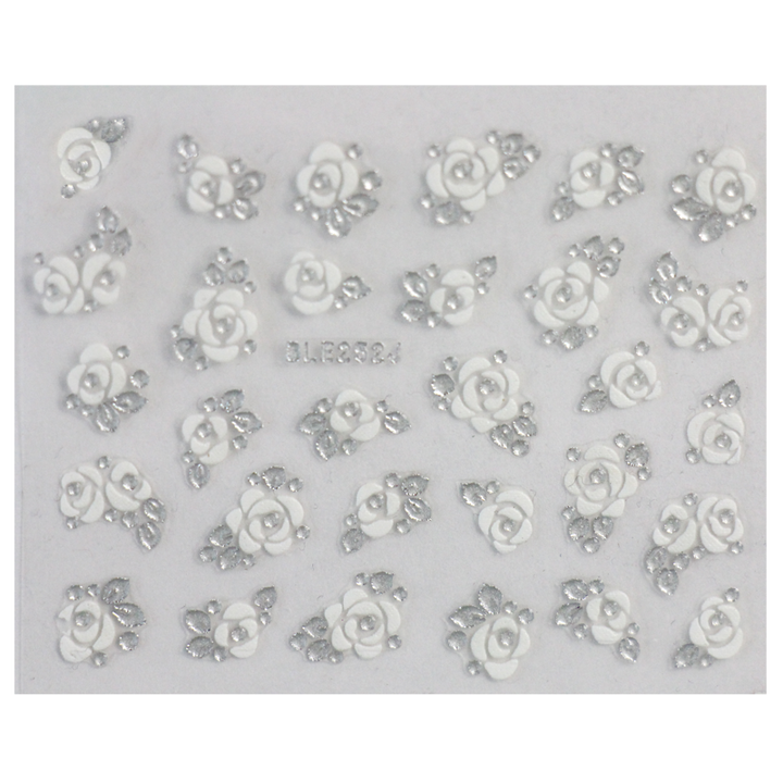 Décalques 3-D modèle Fleurs Blanc et Argent BLE252J - gros plan