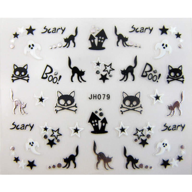 3D Nail Sticker Halloween Cats Black Silver JH079