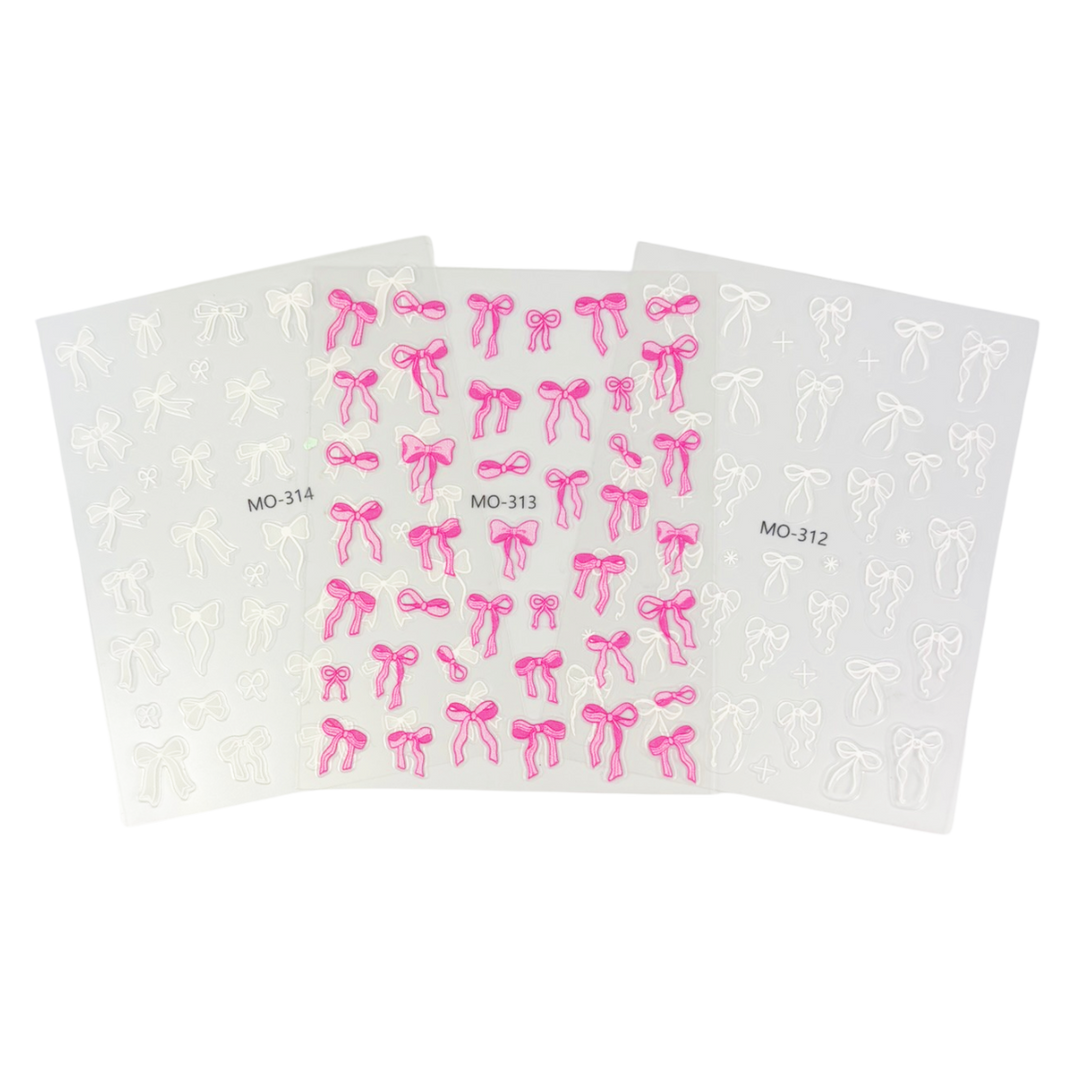 3D Nail Sticker Bows White and Pink - Set of 3