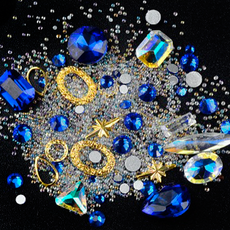 Ensemble Nail Art 08 - Billes, Cadres Or et Pierres Bleues
