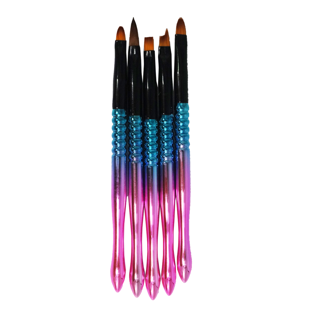 Ensemble de 5 Pinceaux Gel UV Manche Sirène Rose/Bleu.