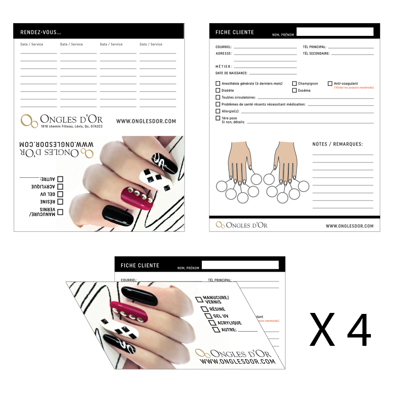 Fiches Clientes Ongles, paquet de 4 Livrets de 25 Fiches