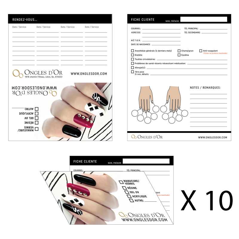 Fiches Clientes Ongles, paquet de 10 Livrets de 25 Fiches
