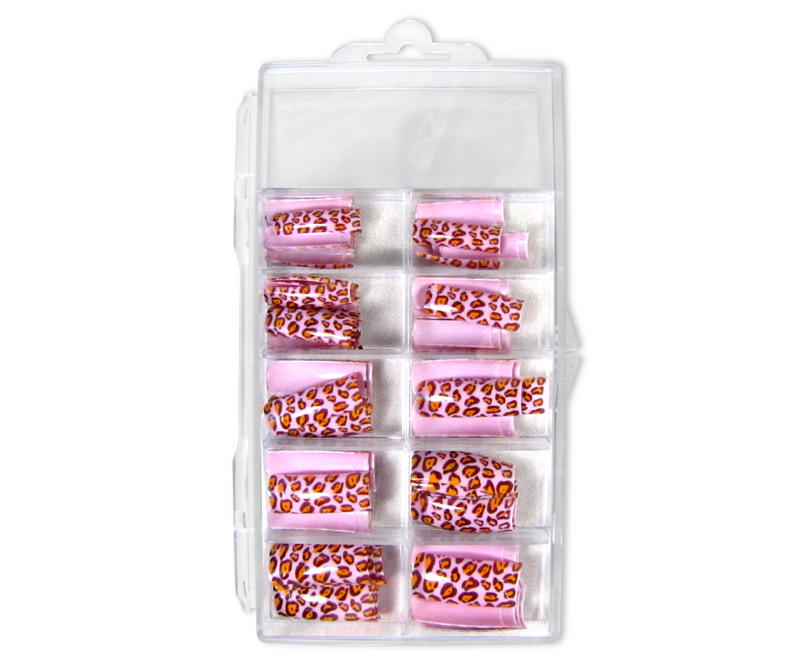 Decorative Nail Tips Half Well Leopard Red/Yellow on Pink (70) (