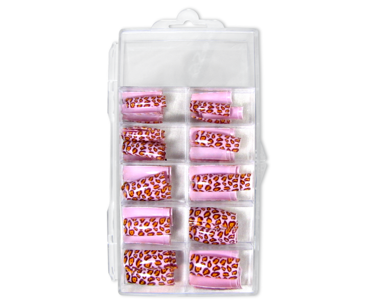 Decorative Nail Tips Half Well Leopard Red/Yellow on Pink (70) (