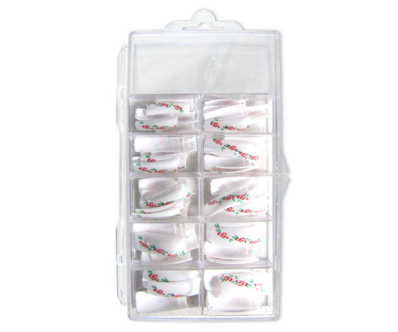 Decorative Nail Tips Half Well White/Pink Flowers on White (70)