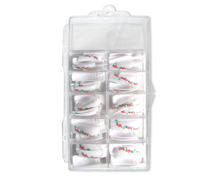 Decorative Nail Tips Half Well White/Pink Flowers on White (70)
