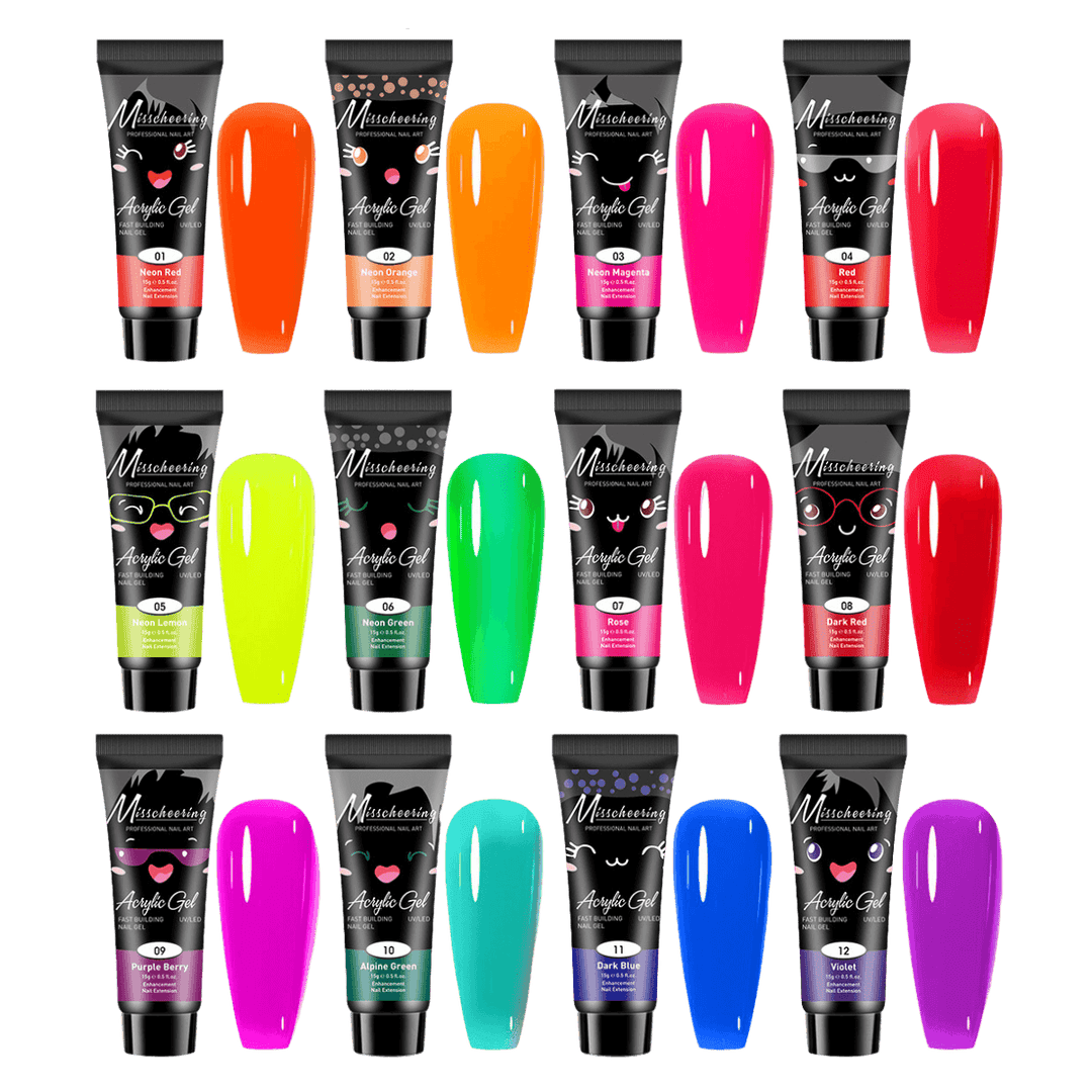 Ensemble Polygel Acrygel 12 couleurs pop flash orange, rose rouge jaune bleu mauve vert