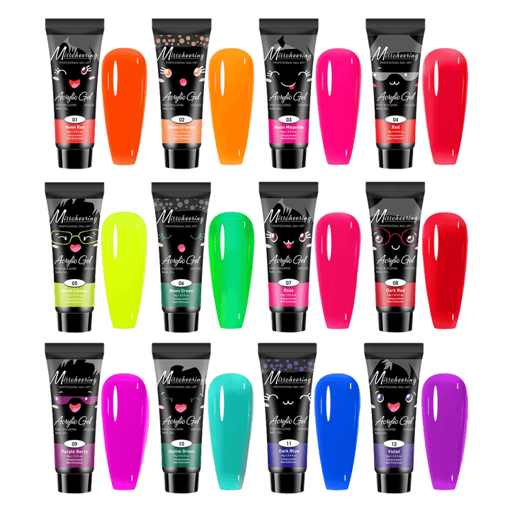 Ensemble Polygel Acrygel 12 couleurs pop flash orange, rose rouge jaune bleu mauve vert