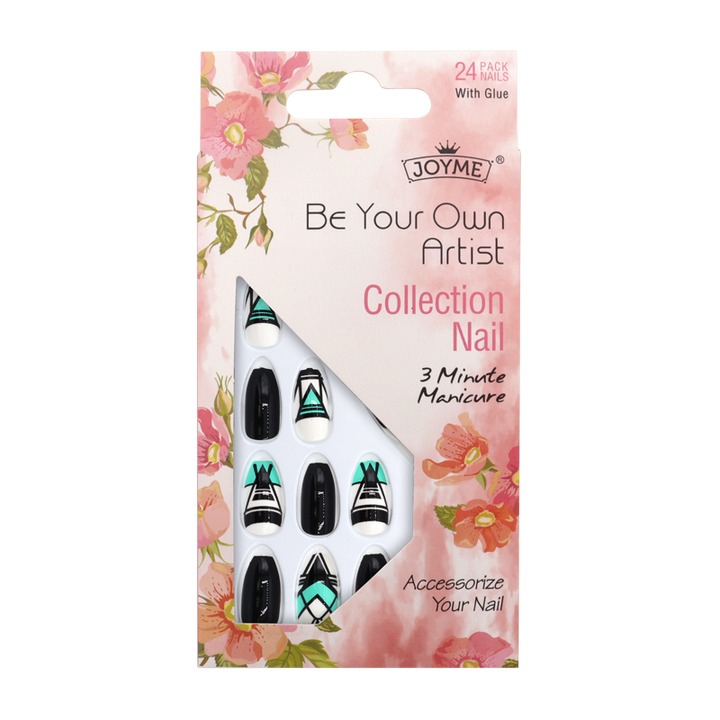 Press-On Nails - Joyme White/Black/Aqua 24pcs