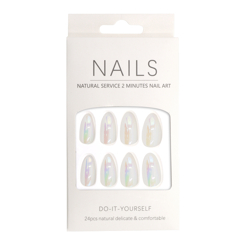 Press-On - Nails Shiny White Rainbow Almond 24pcs