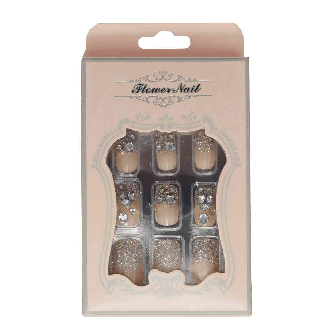 Press-On Nails - Flower Nail Beige & Stones Rounded Square 24pcs