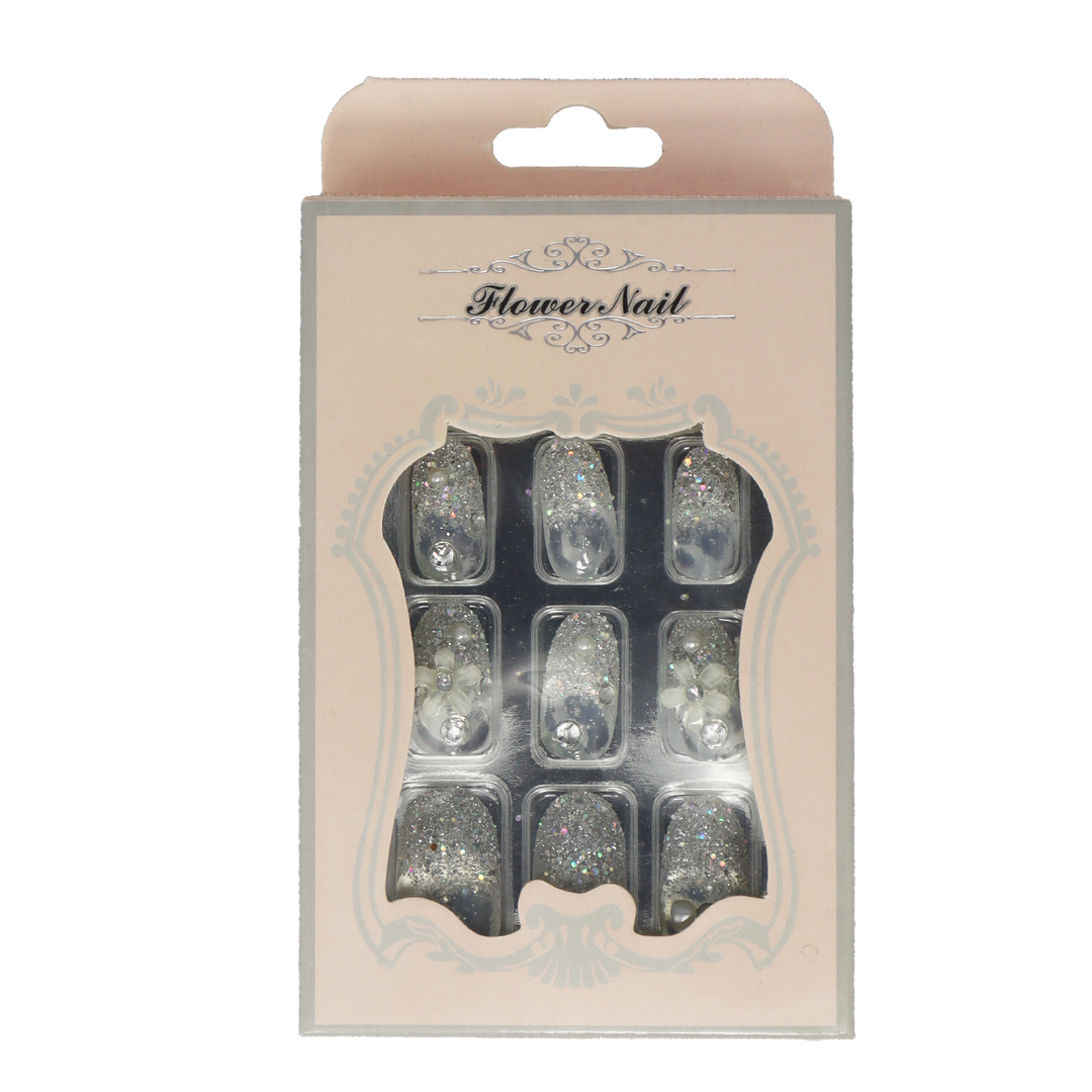 Press-On Nails - Flower Nail Flowers & Stones Almond 24pcs