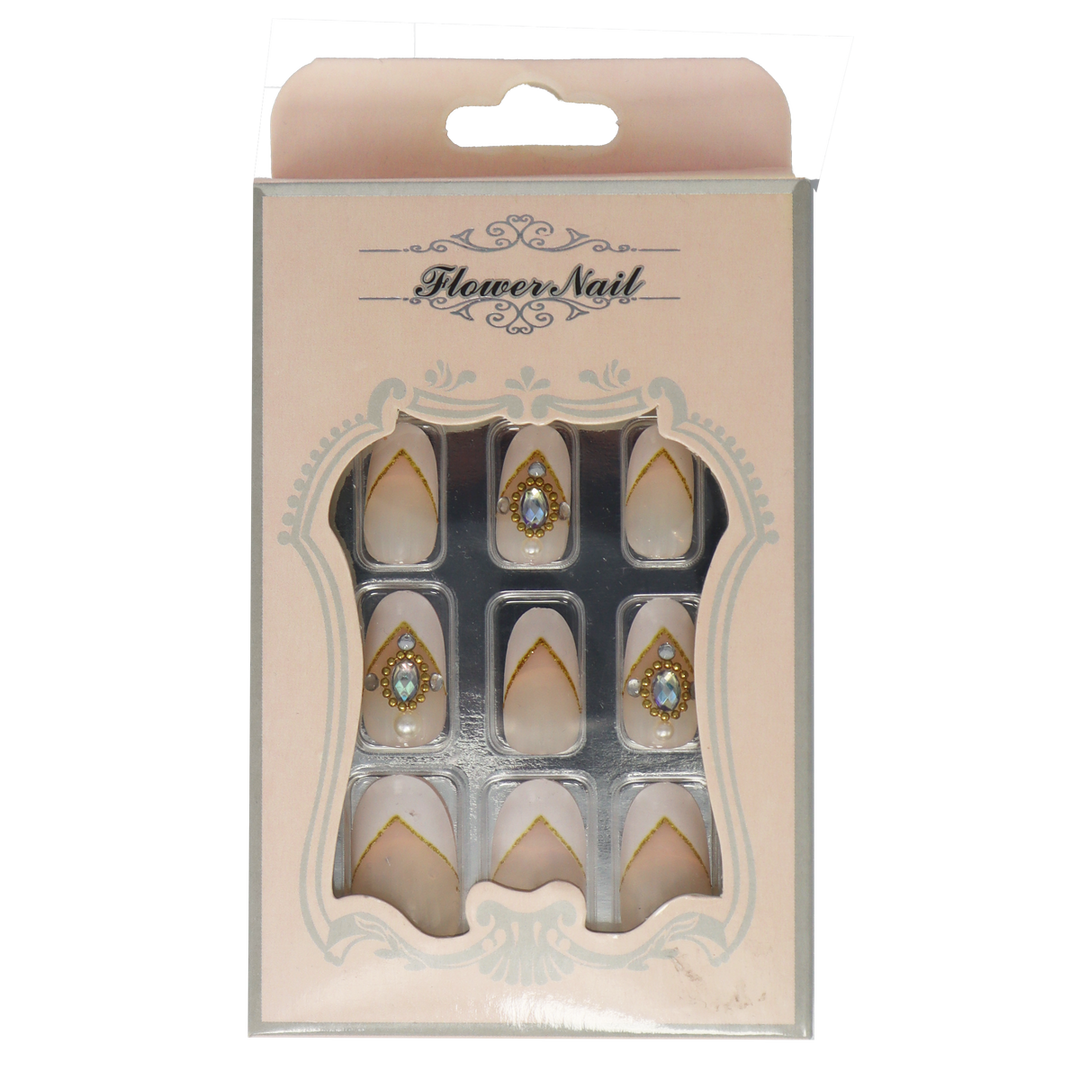 Press-On Nails - Flower Nail White Gold & Stones Almond 24pcs