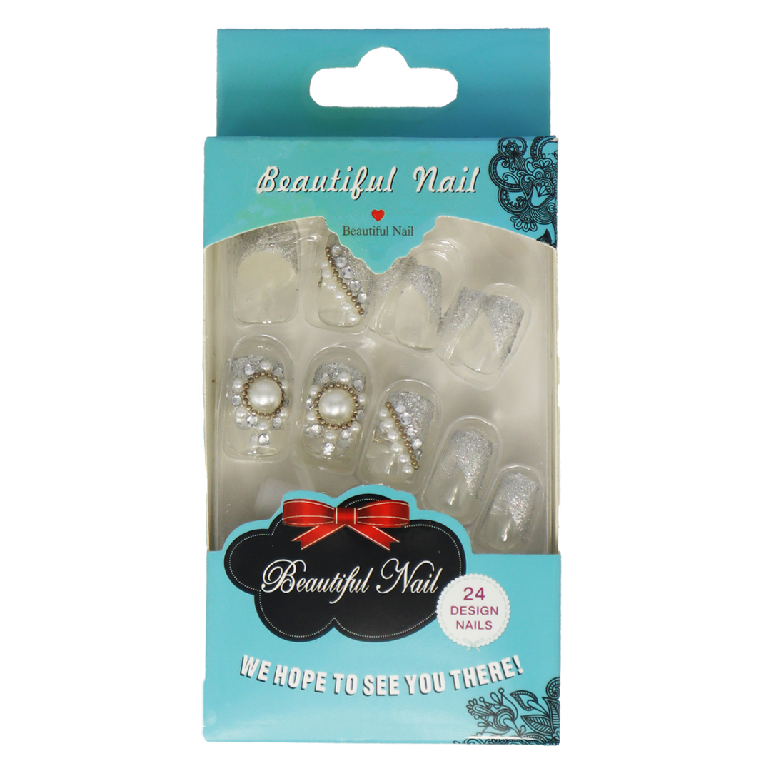 Press-On Nails - Beautiful Nail Silver &amp;amp; Stones Rounded Square 24pcs