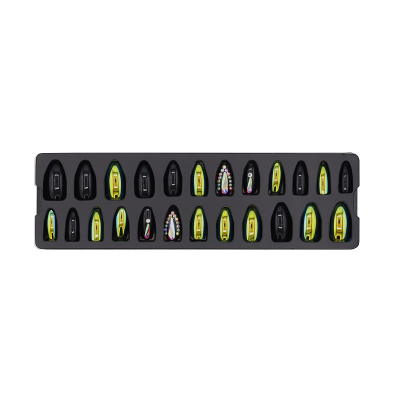 Press-On Nails - Refers to Dazzle Black/Green/Stones 24pcs