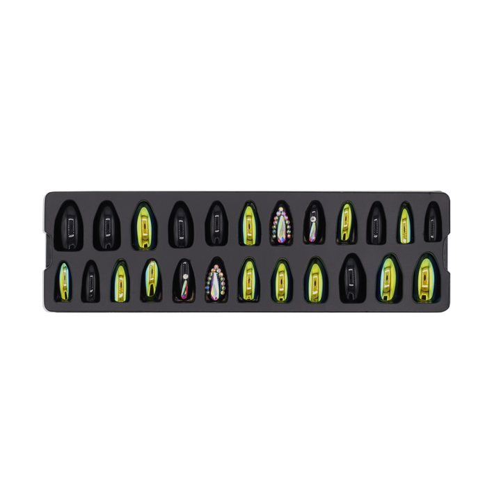 Press-On Nails - Refers to Dazzle Black/Green/Stones 24pcs