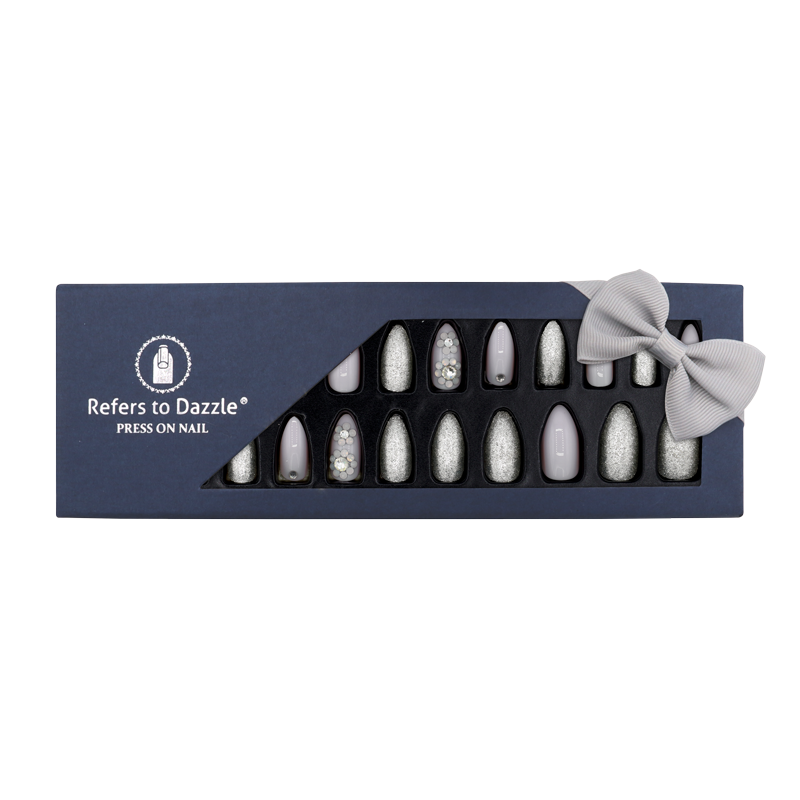 Press-On Nails - Refers to Dazzle Silver/Greyish Pink/Stones 24pcs