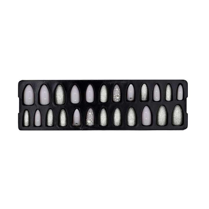 Press-On Nails - Refers to Dazzle Silver/Greyish Pink/Stones 24pcs
