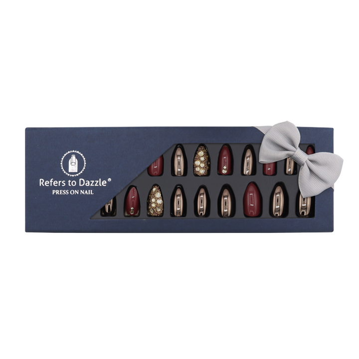 Press-On Nails - Refers to Dazzle Burgundy/Bronze/Stones 24pcs