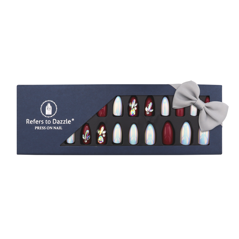 Press-On Nails - Refers to Dazzle White/Red/Stones 24pcs