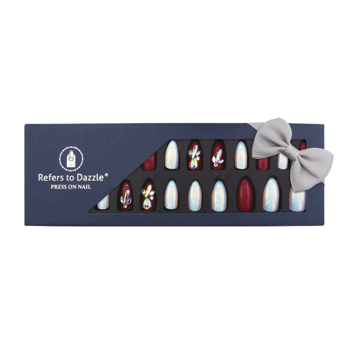 Press-On Nails - Refers to Dazzle White/Red/Stones 24pcs