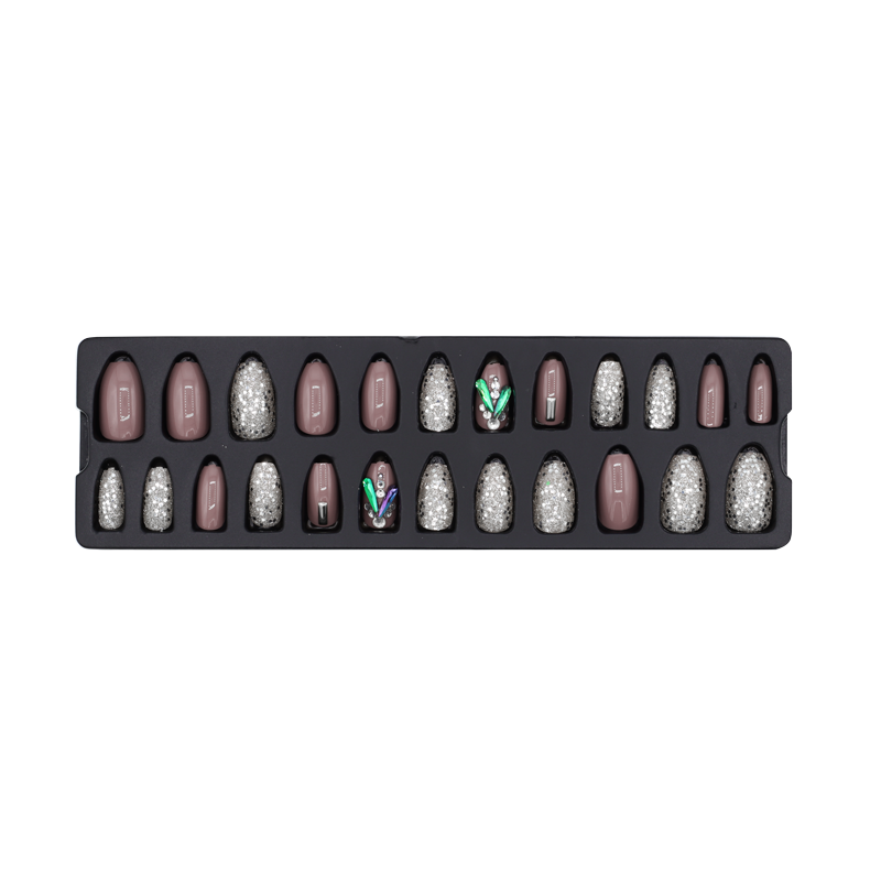 Press-On Nails - Refers to Dazzle Silver/Greyish Pink/Stones 24pcs