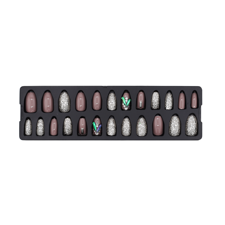 Press-On Nails - Refers to Dazzle Silver/Greyish Pink/Stones 24pcs