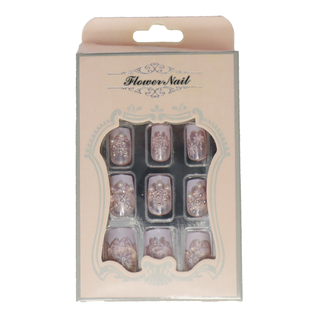 Press-On Nails - Flower Nail White Snowflakes Rounded Square 24pcs