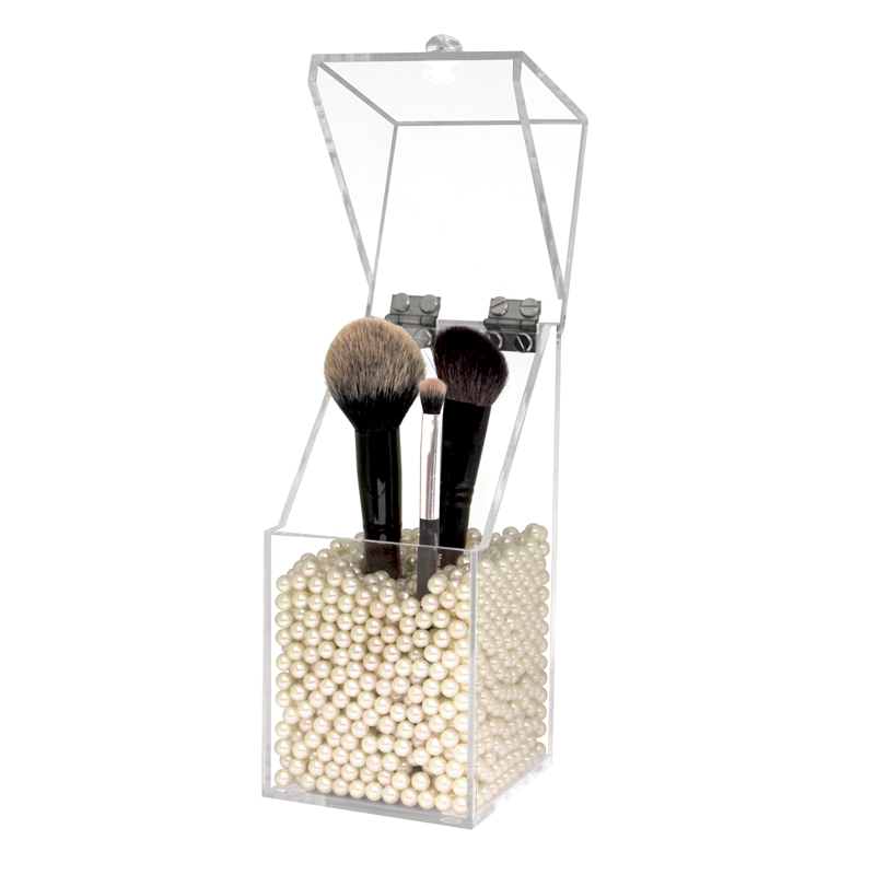 Dust Proof Acrylic Brush Holder with White Pearls 10x10x21cm