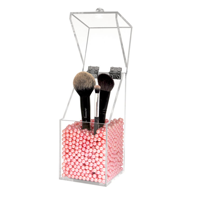 Dust Proof Acrylic Brush Holder with Pink Pearls 10x10x21cm