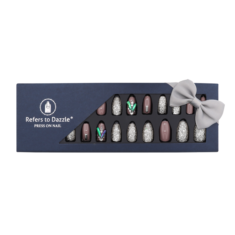 Press-On Nails - Refers to Dazzle Silver/Greyish Pink/Stones 24pcs